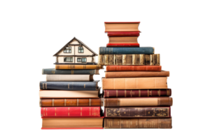 A stack of books with a small house on top. The house is made of wood and has a slanted roof. The books are of different sizes and colors, and they are piled on top of each other png