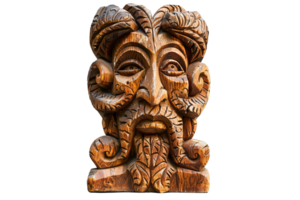 A wooden face with horns and a beard. The face is carved out of wood and has a unique design png