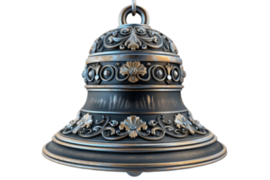un' grande campana con oro tagliare e un' floreale design. il campana è sospeso a partire dal un' catena e lui è vecchio png
