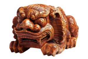 A wooden dragon with a menacing look on its face. The dragon is laying on its side, with its mouth open and its eyes staring ahead. Scene is one of danger and foreboding png