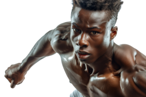 A man with a muscular build is running with his arms outstretched. Concept of strength and determination, as the man is pushing himself to his limits png