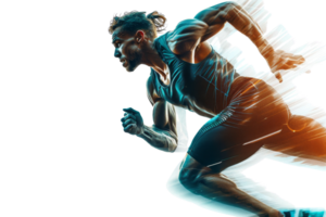A man running with his arms outstretched. The image is in black and white and has a sense of motion and energy png