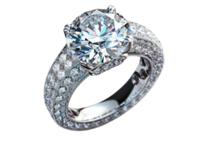 A large diamond ring with a diamond in the center. The ring is set with diamonds and has a gold band png