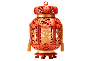 A red lantern with gold trim and a gold chain hanging from it. The lantern is decorated with flowers and birds png