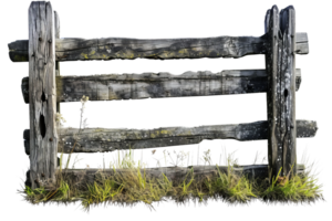 A wooden fence with a few holes in it. The fence is old and weathered, with a few weeds growing through the cracks. The fence is located in a grassy field, with the grass growing tall and wild png