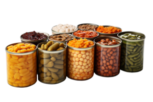 A row of canned vegetables including beans, green beans, and pickles. The cans are lined up in a row, with some of them being taller than others png