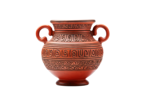 Beautifully crafted ancient Greek-style terracotta vase with intricate geometric patterns and two handles, perfect for home decoration or artistic display. png