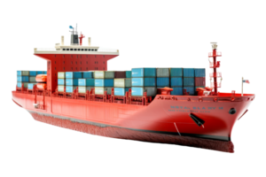 Container cargo ship in red, fully loaded and ready for transport on international waters. Ideal for transportation, logistics, and shipping themes. png