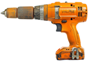 High-resolution image of an orange cordless power drill with a rugged, worn appearance, perfect for DIY projects and construction contexts. png