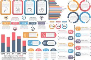 Infographic elements - objects with numbers and text, bar graphs, circle diagram, timeline, objects with percents and text, process diagram vector
