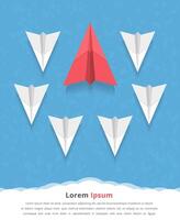 Big red paper airplane as a leader among white airplanes, leadership, teamwork, motivation, stand out of the crowd concept vector