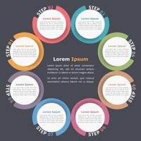 Circle diagram with eight elements, steps or options, flowchart or workflow diagram template vector