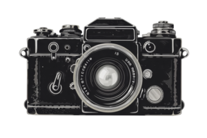 vintage black and white film camera with a large lens. The camera is in focus and there is a slight vignette around the edges of the image. png