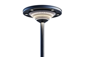 A light fixture with a round base and a black pole. The light fixture is lit up and has a futuristic look png
