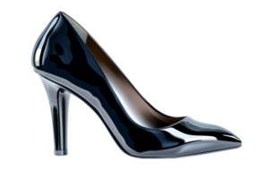 A black high heel shoe with a pointed toe. The shoe is made of patent leather and has a shiny finish png