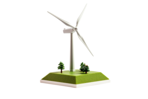 A wind turbine is on a green field with trees in the background. Concept of sustainability and renewable energy png