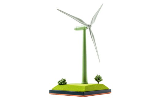 A wind turbine is standing on a green field. The wind turbine is tall and has a long, thin blade. The field is lush and green, with trees in the background png