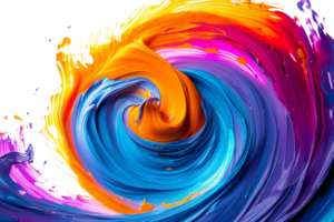 Vivid abstract swirl of colorful paint blending vibrant blues, oranges, and pinks, creating a dynamic, energetic visual art composition. png