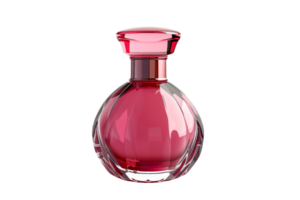 A bottle of perfume with a pink top. The bottle is made of glass and has a round shape png