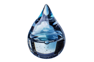 A blue drop of water is shown in a glass. The water is clear and has a slight blue tint. The drop is suspended in the air, giving it a sense of weightlessness. Concept of calm and tranquility png