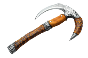 A large, sharp knife with a brown handle and a black tip. The knife is made of metal and has a unique design png