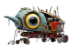 A robot with a yellow eye and a blue body. The robot is made of metal and has a lot of wires and gears. It looks like it's broken and in need of repair. Scene is one of decay png