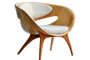 A wooden chair with a white cushion and a black trim. The chair is modern and stylish, with a unique design that sets it apart from traditional chairs png