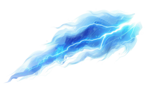 A blue lightning bolt is shown in the air. The lightning bolt is very long and is surrounded by a blue mist. The image has a sense of power and energy, as if the lightning bolt is about to strike png