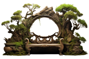 A bench is surrounded by trees and moss. The bench is in the middle of a forest, and the trees are tall and green. The bench is made of wood and has a curved design png