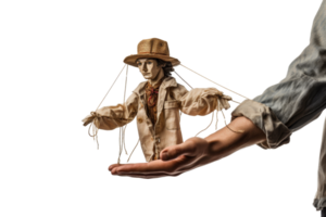 A hand holding a puppet with a string tied to it. The puppet is wearing a straw hat and a white shirt png