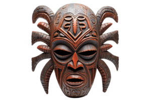 A carved wooden mask with a spidery face and horns. The mask is brown and has a creepy, menacing look to it png