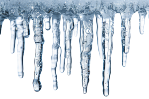 A long line of icicles hanging from a roof. The icicles are clear and shiny, and they seem to be frozen in mid-fall. Concept of stillness and tranquility png