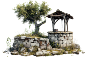 A stone well with a tree in the background. The well is old and has a rustic appearance png