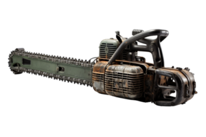 A rusty chainsaw with a green handle. The chainsaw is old and has a lot of rust on it png