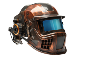 A helmet with a blue lens and a black face. The helmet is made of metal and has a vintage look png