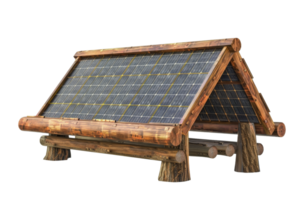 A wooden structure with a black roof and wooden posts. The roof is made of black material and has a pattern of squares png