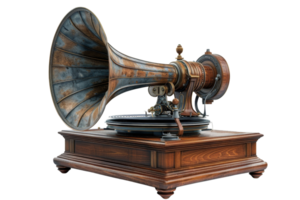 A vintage record player with a large horned speaker. The speaker is made of metal and wood, and it has a vintage look to it. The record player is sitting on a wooden base png