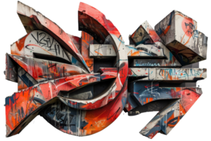 The graffiti on the wall is a mix of red, blue, and white colors. The shapes and lines of the graffiti are abstract and seem to be in motion. Scene is chaotic and energetic png