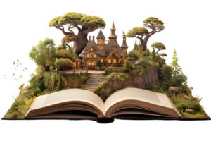 A book is open to a page with a house and trees on it. The house is small and has a roof. The trees are tall and green png