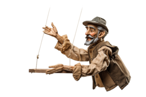 A man in a hat is holding a string and is about to pull a puppet. The puppet is hanging from a string and is not moving. The scene is calm and peaceful png