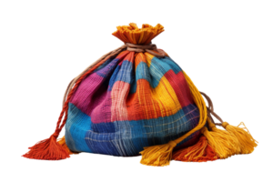 A colorful bag with a colorful tassel hanging from it. The bag is made of a variety of colors and has a unique design png