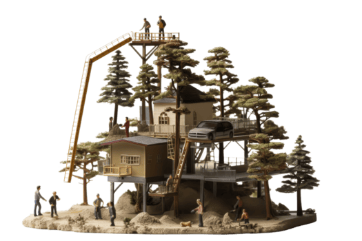 en grupp av människor är byggnad en hus ut av träd. de hus är tillverkad av trä och har en bil på topp av Det. de människor är arbetssätt tillsammans till skapa detta unik strukturera png