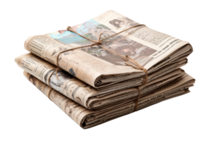A stack of newspapers with a string tied to them. The newspapers are old and have a vintage feel to them. The string is tied in a knot, which gives the stack a somewhat messy appearance png