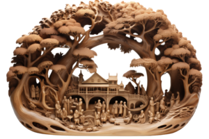 A wooden sculpture of a forest scene with people and a bridge png