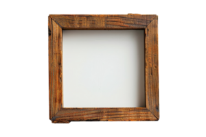 A wooden frame with a white background. The frame is empty and has a rustic look. The white background makes the frame stand out and emphasizes the natural wood grain png