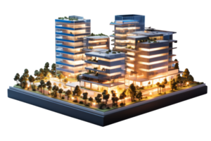 A model of a city with tall buildings and a park. The buildings are lit up at night, giving the impression of a bustling urban environment png