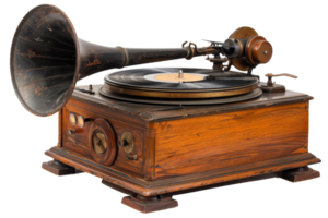 An old record player with a large horn on top. The record player is wooden and has a vintage look png