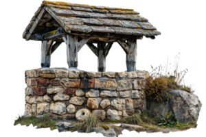 A stone well with a wooden roof sits on a rocky hill. The well is surrounded by grass and weeds, and the roof is weathered and worn. Concept of history and nostalgia png
