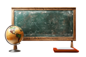 A chalkboard with a globe and a book on it. The globe is on the left side of the board and the book is on the right. The chalkboard is green and has a few writings on it png