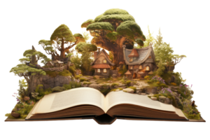 A book is open to a page with a forest scene png